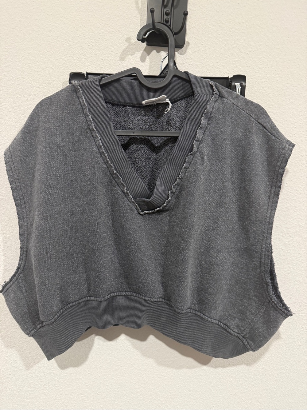 Out From Under Cropped V-Neck Sleeveless Sweatshirt Vest — Charcoal Gray